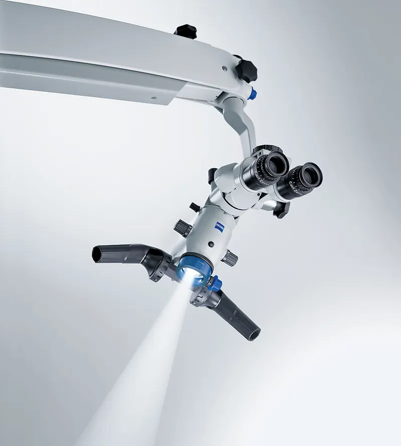A dental operating microscope of the type used for microscope-assisted dentistry